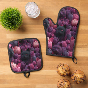 Ensemble De Gant De Cuisine Et De Manique Chat noir surréaliste et motif floral de pivoine r