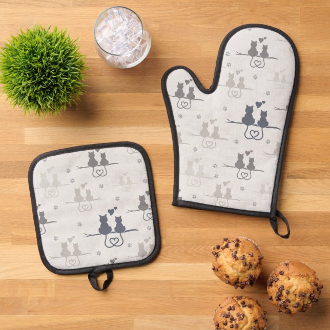 Ensemble De Gant De Cuisine Et De Manique Chats en amour Animaux modernes Silhouette Motif (De haut en bas)