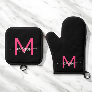 Ensemble De Gant De Cuisine Et De Manique Chaud rose noir Monogramme de cuisine de fille Scr