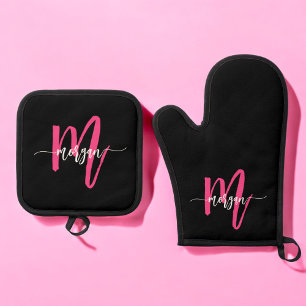 Ensemble De Gant De Cuisine Et De Manique Chaud rose noir Monogramme de cuisine de fille Scr