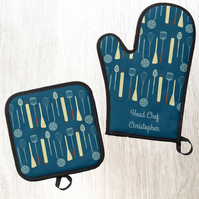 Ensemble De Gant De Cuisine Et De Manique Chef chef personnalisé (Fun personalized name Head Chef vintage kitchen design oven glove mitt and pot holder)