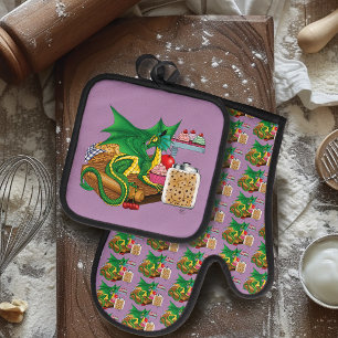 Ensemble De Gant De Cuisine Et De Manique Chef pâtissier Dragon Vert