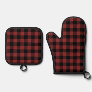 Ensemble De Gant De Cuisine Et De Manique Chèque de Buffle Noir Rouge