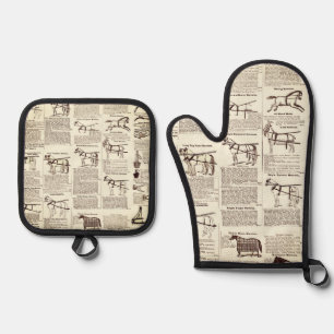 Ensemble De Gant De Cuisine Et De Manique Cheval Antique Publicité Journal Art