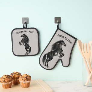 Ensemble De Gant De Cuisine Et De Manique Cheval sauvage noir droit Texte personnalisé
