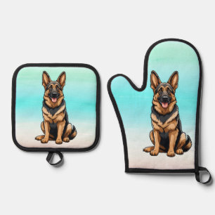 Ensemble De Gant De Cuisine Et De Manique Chien berger allemand souriant