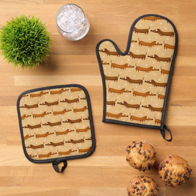 Ensemble De Gant De Cuisine Et De Manique Chiens mignons Dachshund (De haut en bas)