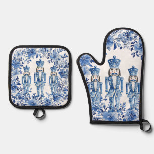Ensemble De Gant De Cuisine Et De Manique Chinoiserie Bleu Blanc Floral Noisette de Noël
