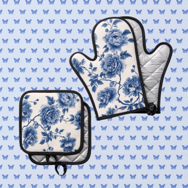 Ensemble De Gant De Cuisine Et De Manique Chinoiserie Roses Bleues Blancs (Glamorous chinoiserie oven mitt and pot holder! Great shower gift!)