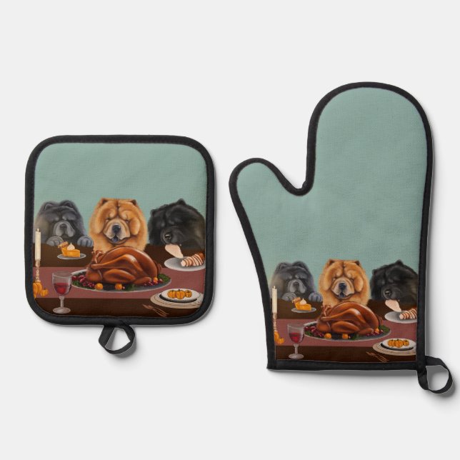 Ensemble De Gant De Cuisine Et De Manique Chow Chow Fête four Mitt et Pot Porteur (Recto)