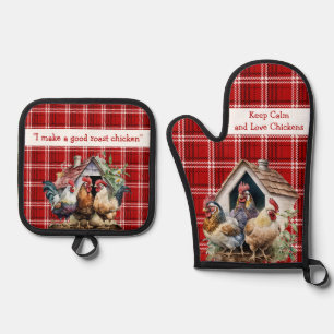 Ensemble De Gant De Cuisine Et De Manique Citation amusante de poulet rouge et noir plaqué