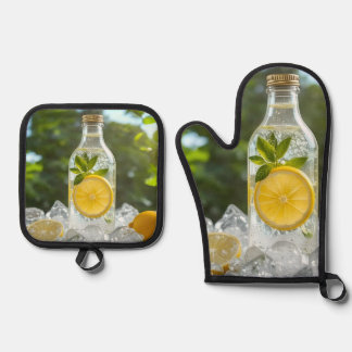 Ensemble De Gant De Cuisine Et De Manique Citron Frais Réfrigéré en Bouteille