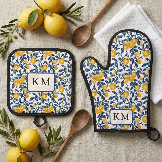 Ensemble De Gant De Cuisine Et De Manique Citron Méditerranéen Personnalisé (personalized monogram initials lemon mediterranean oven mitt and pot holder)