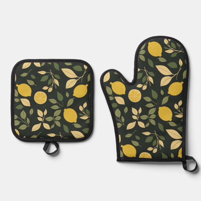 Ensemble De Gant De Cuisine Et De Manique Citrons et Feuilles (Recto)