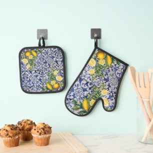 Ensemble De Gant De Cuisine Et De Manique Citrons méditerranéens Carreaux portugais d'été