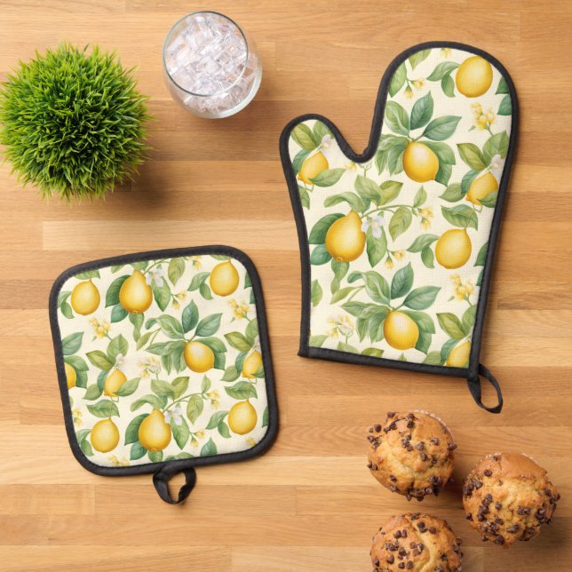 Ensemble De Gant De Cuisine Et De Manique Citrus aux fleurs de citron méditerranéen (De haut en bas)