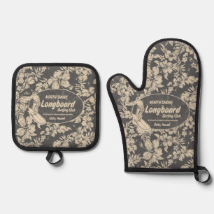 Ensemble De Gant De Cuisine Et De Manique Club Surf Longboard Logo Hibiscus Hawaiian Grey