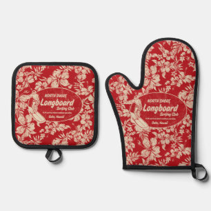 Ensemble De Gant De Cuisine Et De Manique Club Surf Longboard Logo Hibiscus Hawaiian Red