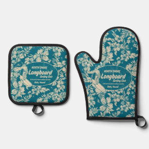 Ensemble De Gant De Cuisine Et De Manique Club Surf Longboard Logo Hibiscus Hawaiian Turquoi