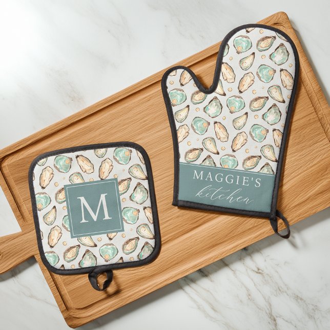 Ensemble De Gant De Cuisine Et De Manique Coastal Oyster Shell Monogram (Créateur téléchargé)