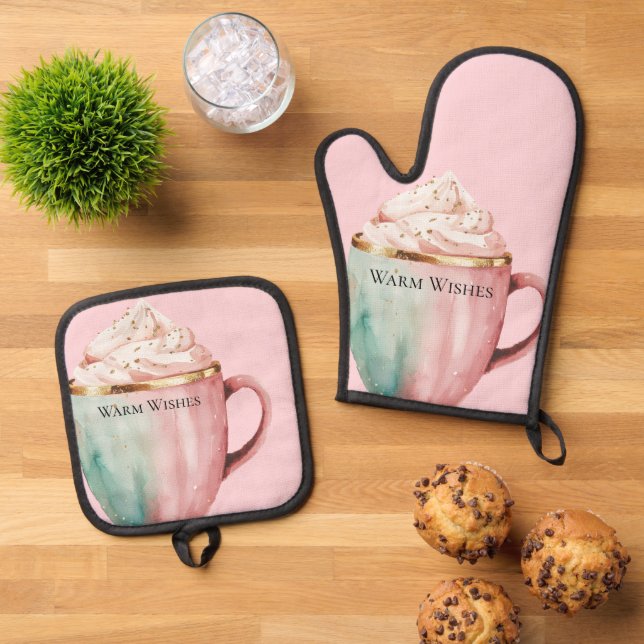 Ensemble De Gant De Cuisine Et De Manique Coca de Noël Or Blush Mint rose Chaleureux Voeux (De haut en bas)