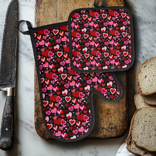 Ensemble De Gant De Cuisine Et De Manique Cœurs rouges roses noirs Motif d'amour