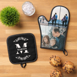 Ensemble De Gant De Cuisine Et De Manique Collecte de photos familiales Monogramme et nom pe