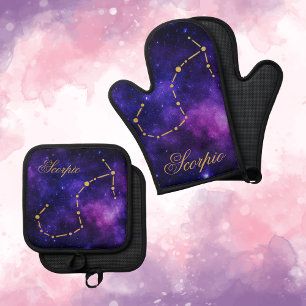 Ensemble De Gant De Cuisine Et De Manique Constellation Gold Scorpio sur Galaxie foncée
