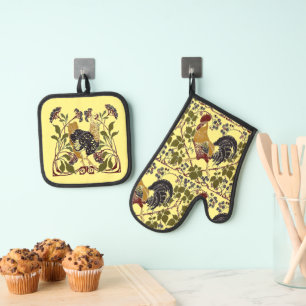 Ensemble De Gant De Cuisine Et De Manique Coq et baies Art Nouveau vintage