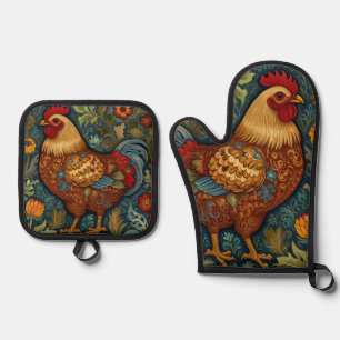 Ensemble De Gant De Cuisine Et De Manique Coq rétro chic poulet de campagne
