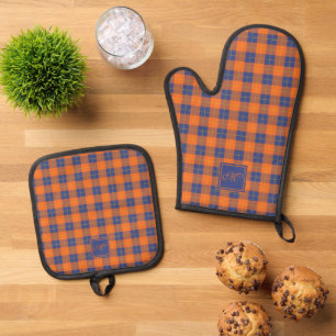 Ensemble De Gant De Cuisine Et De Manique Cosy Citrouille orange bleu Tartan Plaid Monogramm