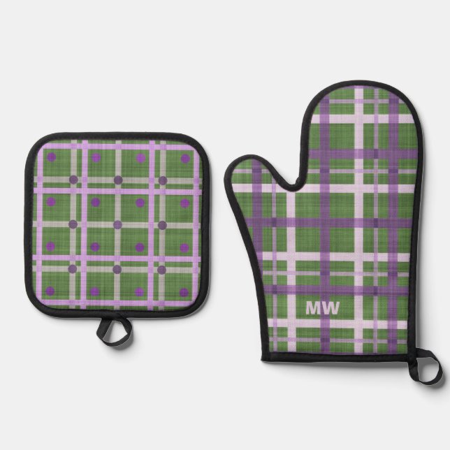 Ensemble De Gant De Cuisine Et De Manique Couleur mignonne violet et verte (Recto)