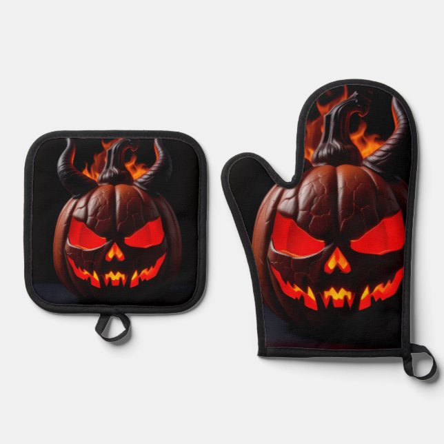 Ensemble De Gant De Cuisine Et De Manique Couronne de citrouille diabolique Halloween Set de (Recto)