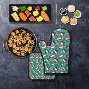 Ensemble De Gant De Cuisine Et De Manique Crevettes et sushis bleu
