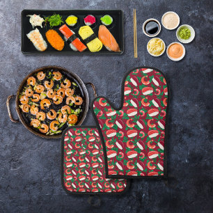 Ensemble De Gant De Cuisine Et De Manique Crevettes et sushis bordeaux