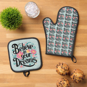 Ensemble De Gant De Cuisine Et De Manique Croyez en vos rêves Floral Whimsical Art