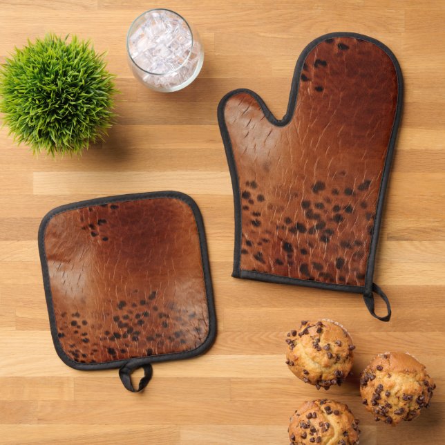 Ensemble De Gant De Cuisine Et De Manique Cuir Brown Faux (De haut en bas)