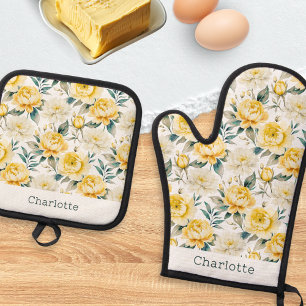 Ensemble De Gant De Cuisine Et De Manique Cuisine Florale Aquarelle Jaune