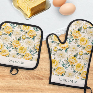 Ensemble De Gant De Cuisine Et De Manique Cuisine Florale Aquarelle Jaune
