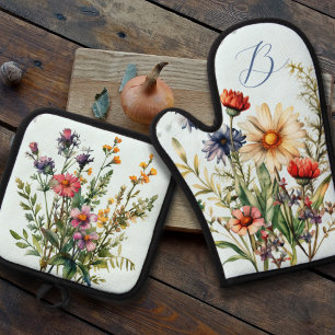 Ensemble De Gant De Cuisine Et De Manique Cuisine initiale Monogramme fleur sauvage