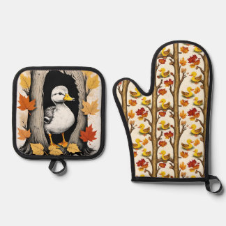 Ensemble De Gant De Cuisine Et De Manique Curieux colliers et feuilles d'automne Design Moti