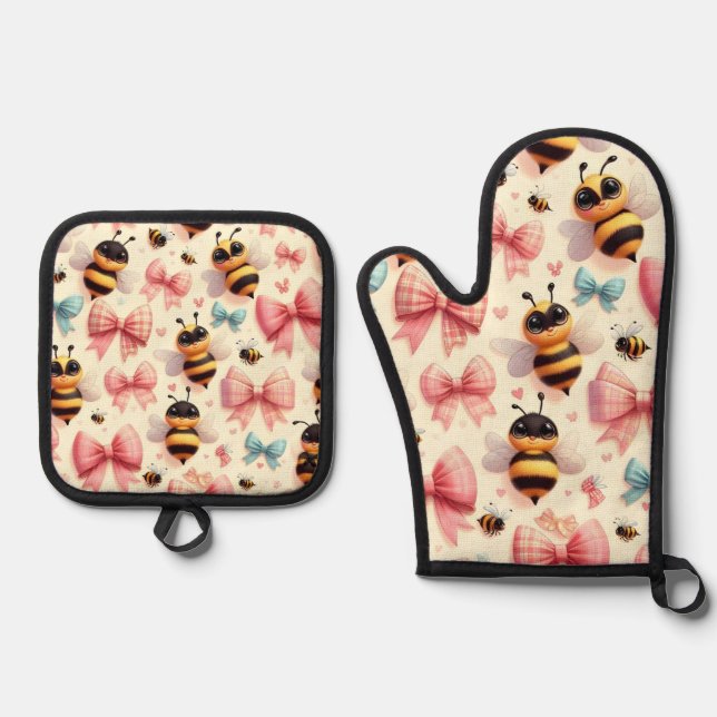 Ensemble De Gant De Cuisine Et De Manique Cute Bee Four Mitts & Pot Holders (Recto)