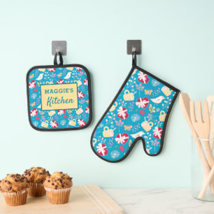 Ensemble De Gant De Cuisine Et De Manique Cute Blue Retro Teacup Coeurs Oiseaux Motif