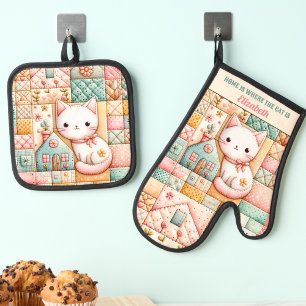 Ensemble De Gant De Cuisine Et De Manique Cute Chat Accueil Patchwork Cosy Pastel Nom person