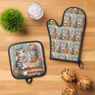 Ensemble De Gant De Cuisine Et De Manique Cute Chat sur Porche avec Fleurs et Patchwork