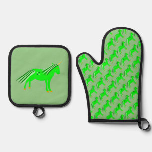 Ensemble De Gant De Cuisine Et De Manique Cute Irish Green et Gold Unicorn