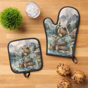 Ensemble De Gant De Cuisine Et De Manique Cute lac maison de pêche cabine cuisine ours