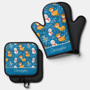 Ensemble De Gant De Cuisine Et De Manique Cute Reindeer et Snowman Blue