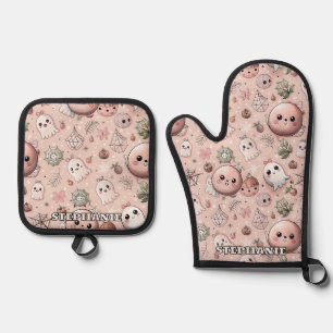 Ensemble De Gant De Cuisine Et De Manique Cute rose Fantôme & Pastel Halloween sans couture