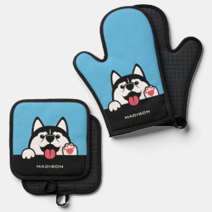 Ensemble De Gant De Cuisine Et De Manique Cute Siberian Husky nom et couleur personnalisés